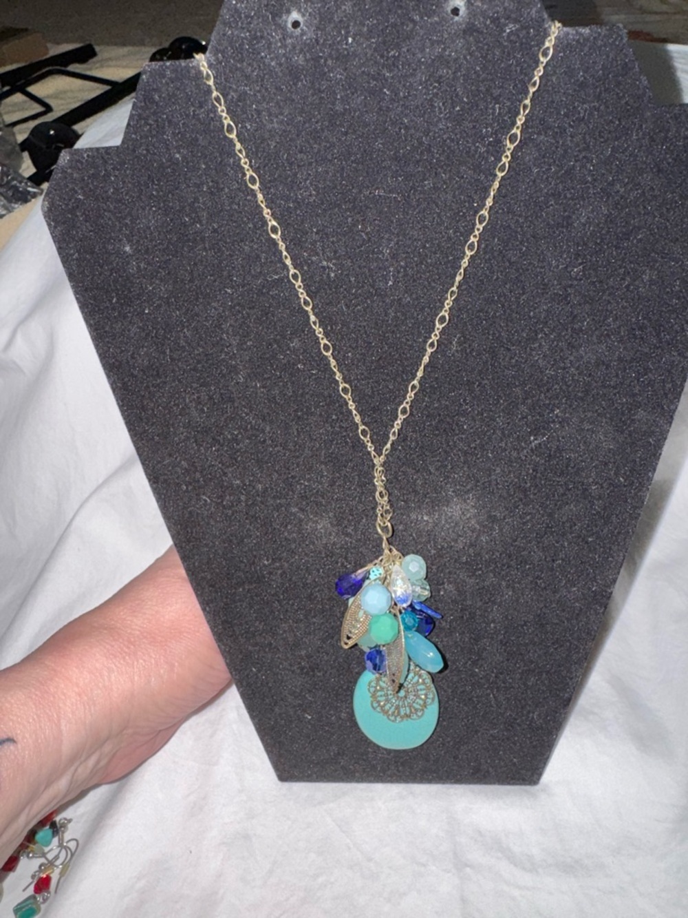 Boho Turquoise & Crystal Cluster Statement Necklace | Antique Gold Filigree